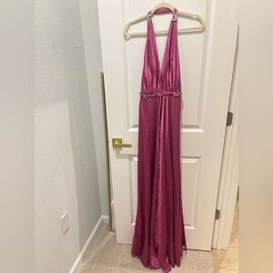 💗Vintage Marc Bouwer Glamit Magenta Embellished Satin Halter Gown Dress 6💗